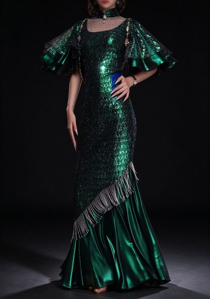 Emerald Green Sequin Mermaid Evening Gown With Ruffle Sleeve & Beaded Tassel fg8979
