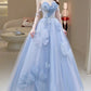 A Line Blue Tulle Long Prom Dress, Strapless Long Blue Beaded Tulle Formal Evening Dresses      fg4442