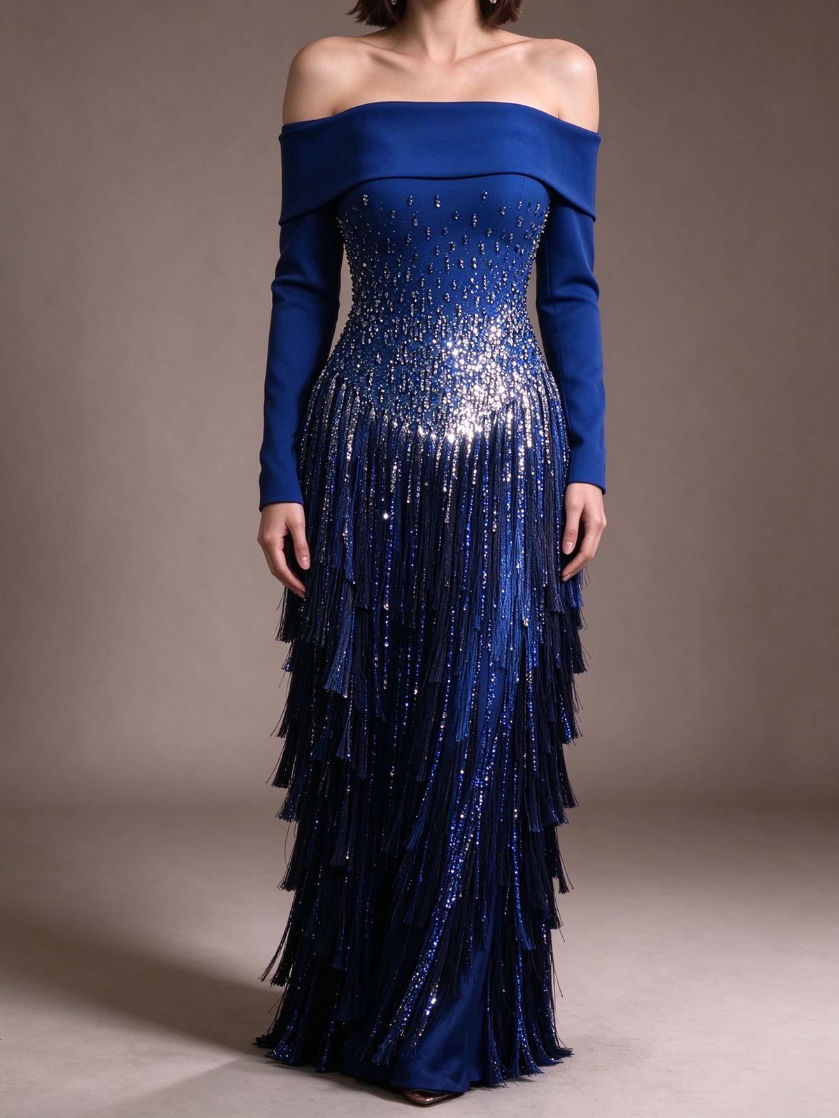 Royal Blue Off The Shoulder Long Sleeve Evening Gown With Beading & Tassel Fringe fg8995