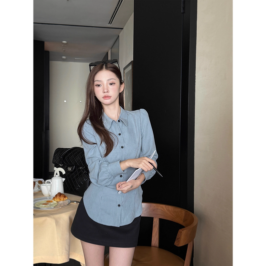 Preppy style blue striped shirt A114