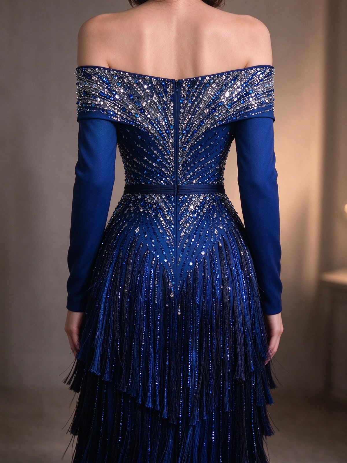 Royal Blue Off The Shoulder Long Sleeve Evening Gown With Beading & Tassel Fringe fg8995