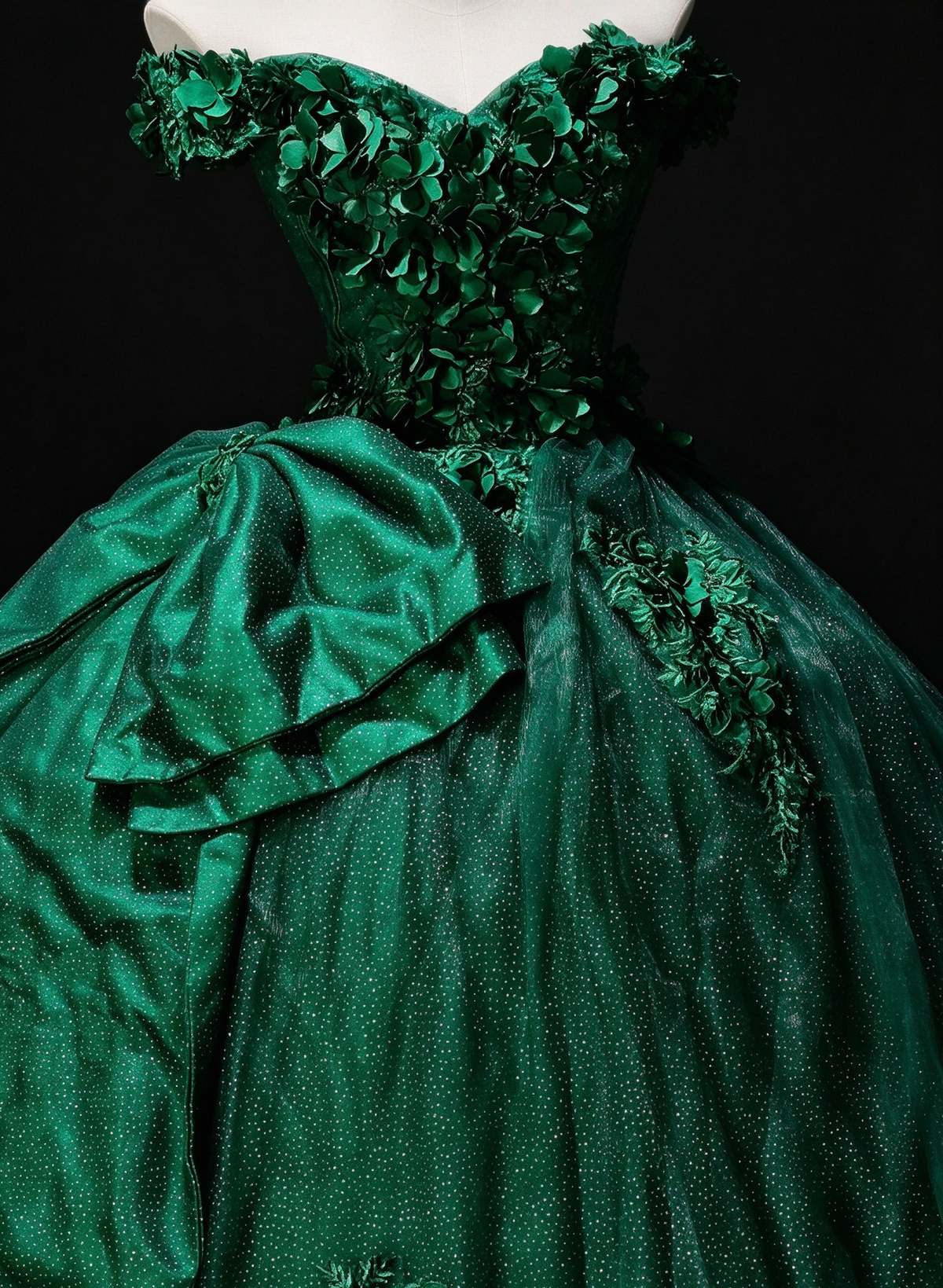 Strapless Green Tulle Ball Gown with Bow & Gold Embroidery, Formal Evening Dress fg8936