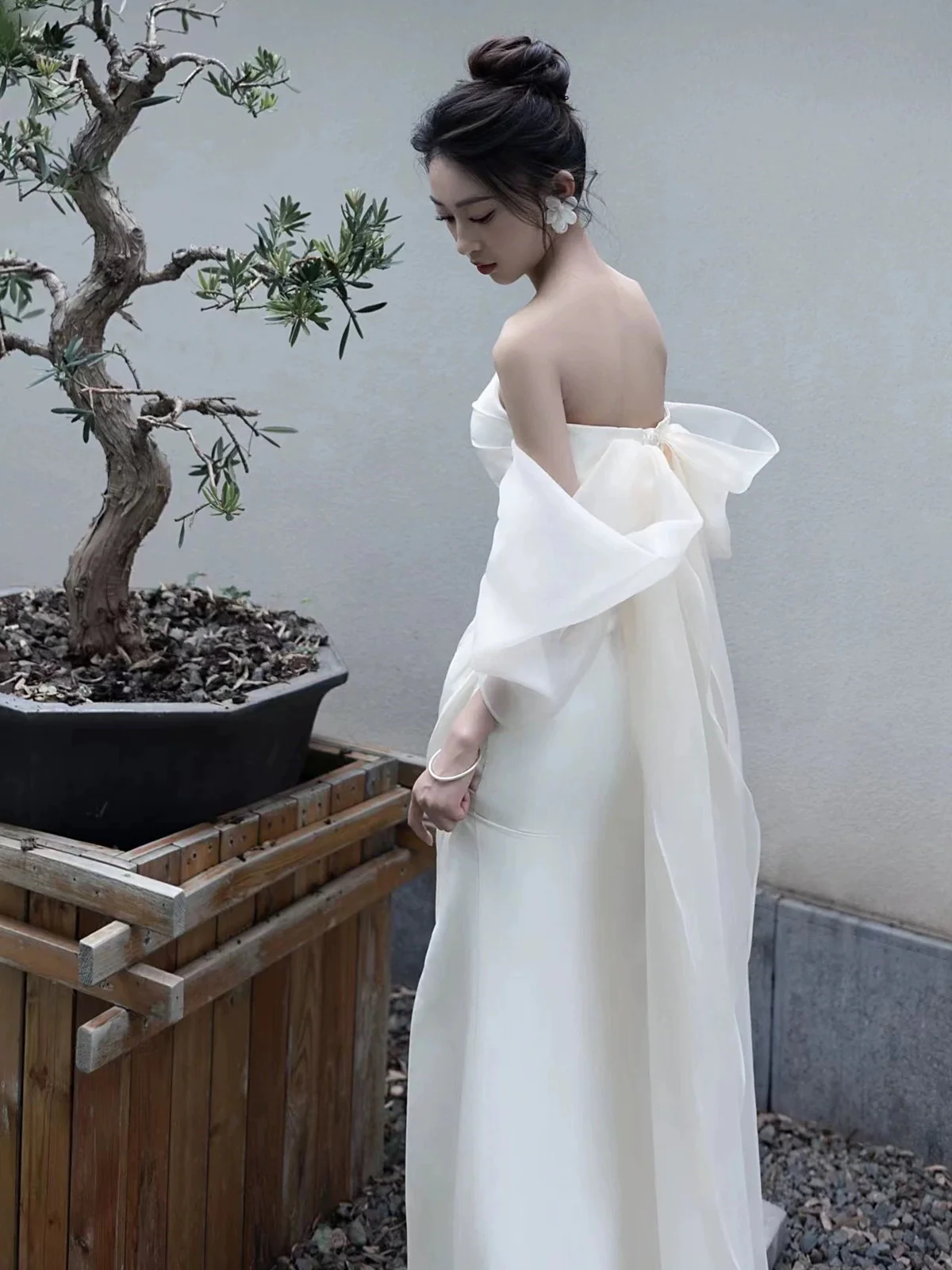 Elegant White Strapless Prom Dress, High Slit Fairy Wedding Guest Gown Maxi Dress  fg8726