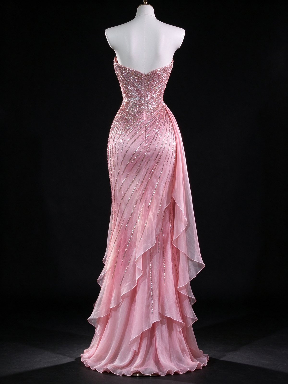 Pink Strapless Beaded Ruffle Mermaid Evening Dress fg9121