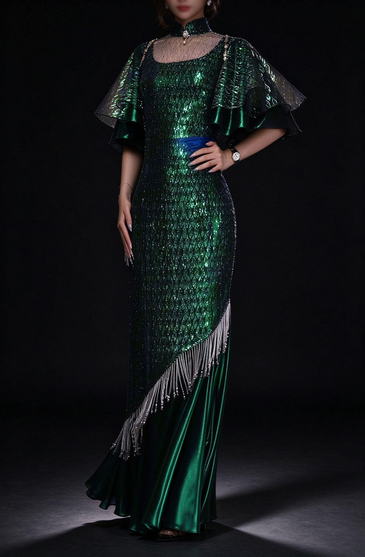 Emerald Green Sequin Mermaid Evening Gown With Ruffle Sleeve & Beaded Tassel fg8979
