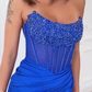 Royal Blue Mermaid Strapless Beaded Corset Satin Prom Dress Evening Dress with Slit fg8534