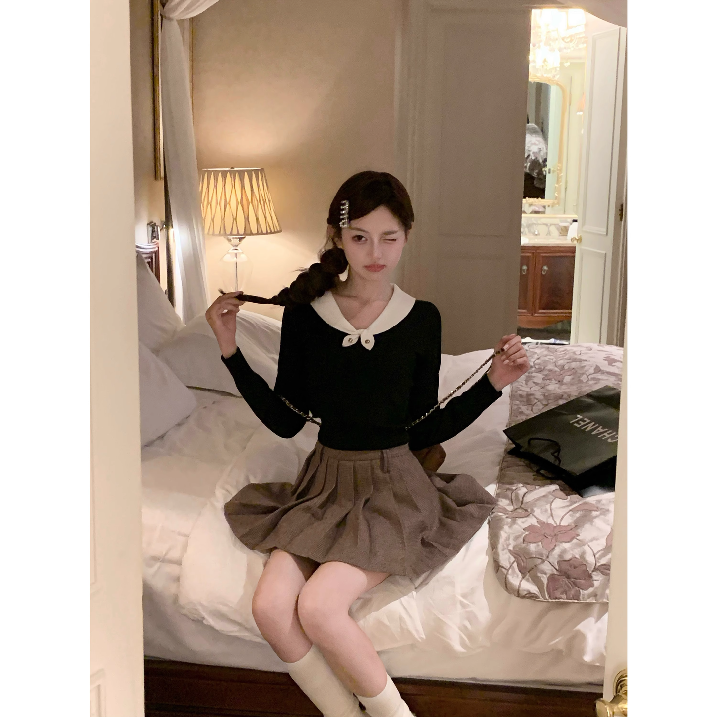 Slim-fit long-sleeved top, sweet knit sweater for petite women   A85
