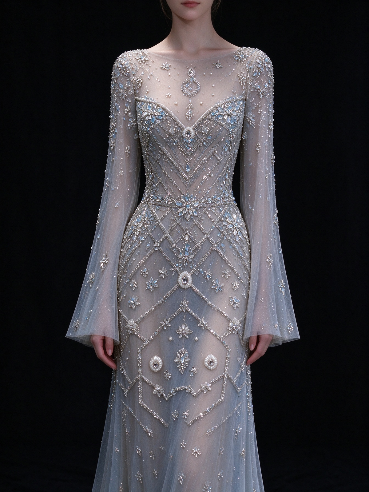 Pale Blue Sheer Tulle Mermaid Gown, Long Flare Sleeve, Full Hand-Beaded Rhinestone & Pearl Embroidery fg8996