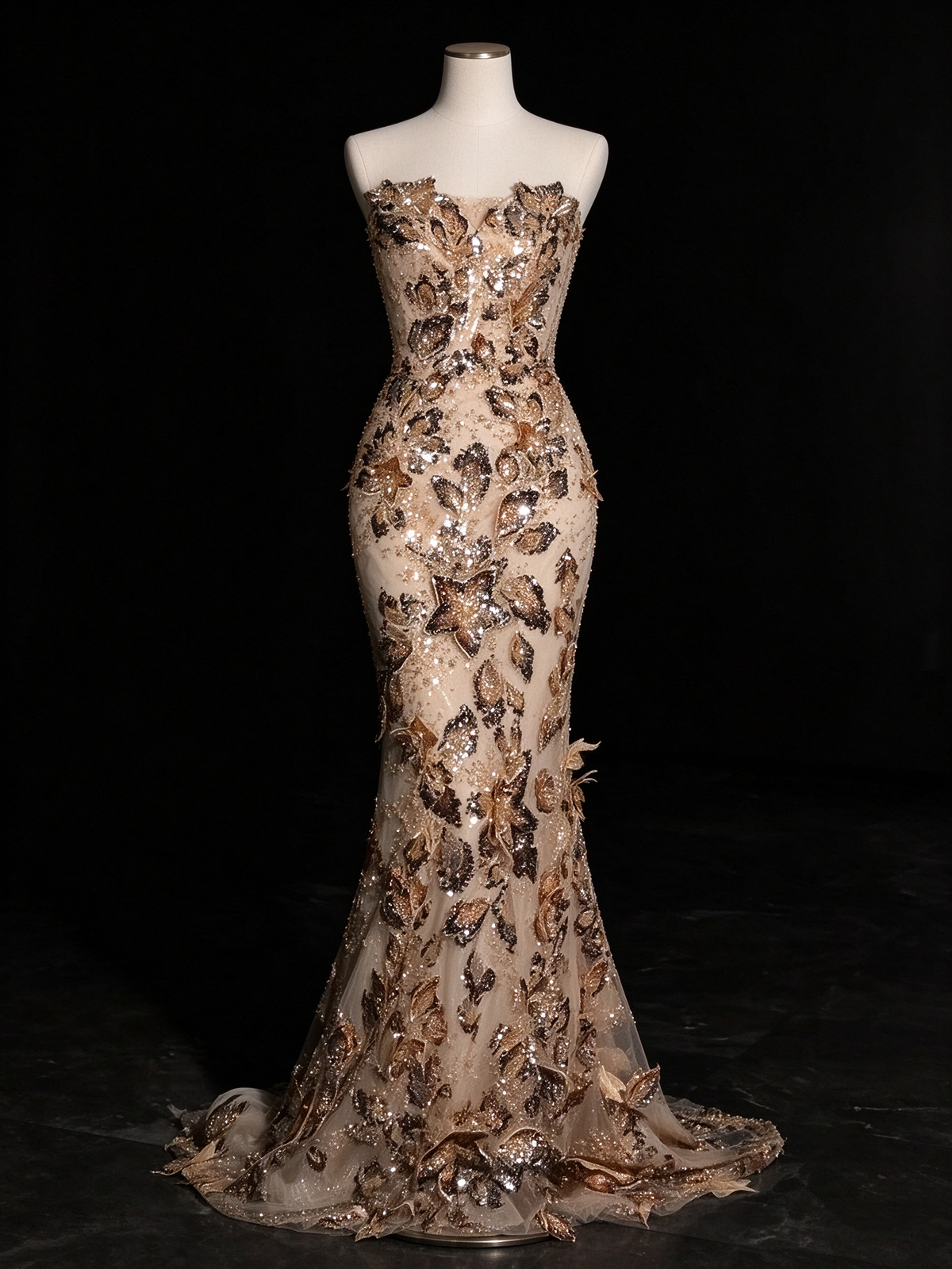 Champagne Strapless 3D Floral Sequin Mermaid Evening Gown fg9101
