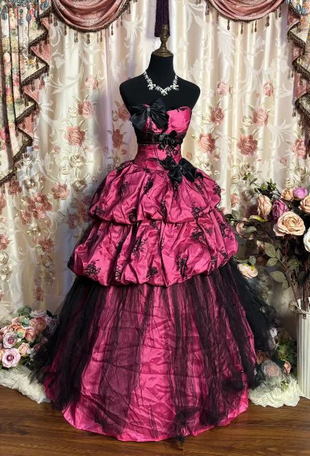 Vintage Sweetheart Neck Pink Tulle Satin Layered Ball Gown Formal Quinceanera Dress With Bow  fg8524