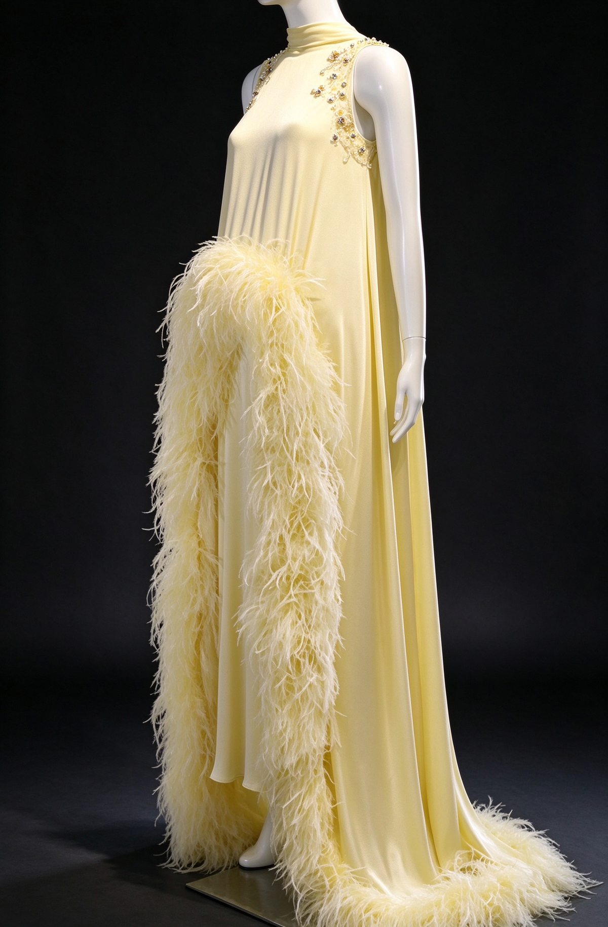 Pale Yellow High Neck Sleeveless Evening Gown with Hand-Beaded Floral Details & Ostrich Feather Trim fg9038