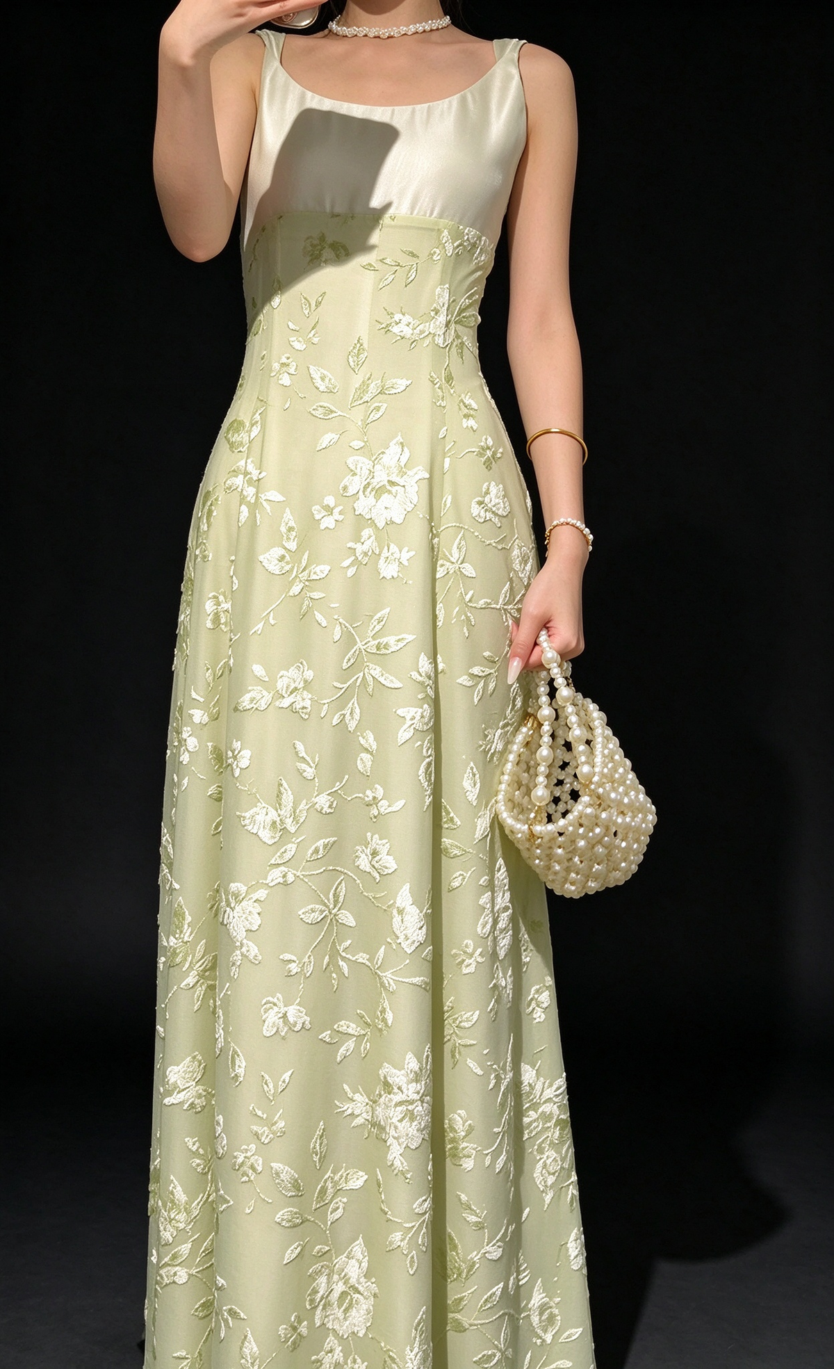 Square Neck Satin Burnout Long Dress fg9067