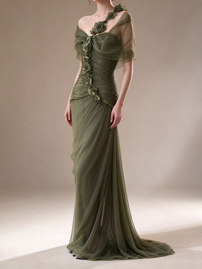 Sage Green Off-the-Shoulder 3D Floral Beaded Tulle Formal Evening Gown fg9052