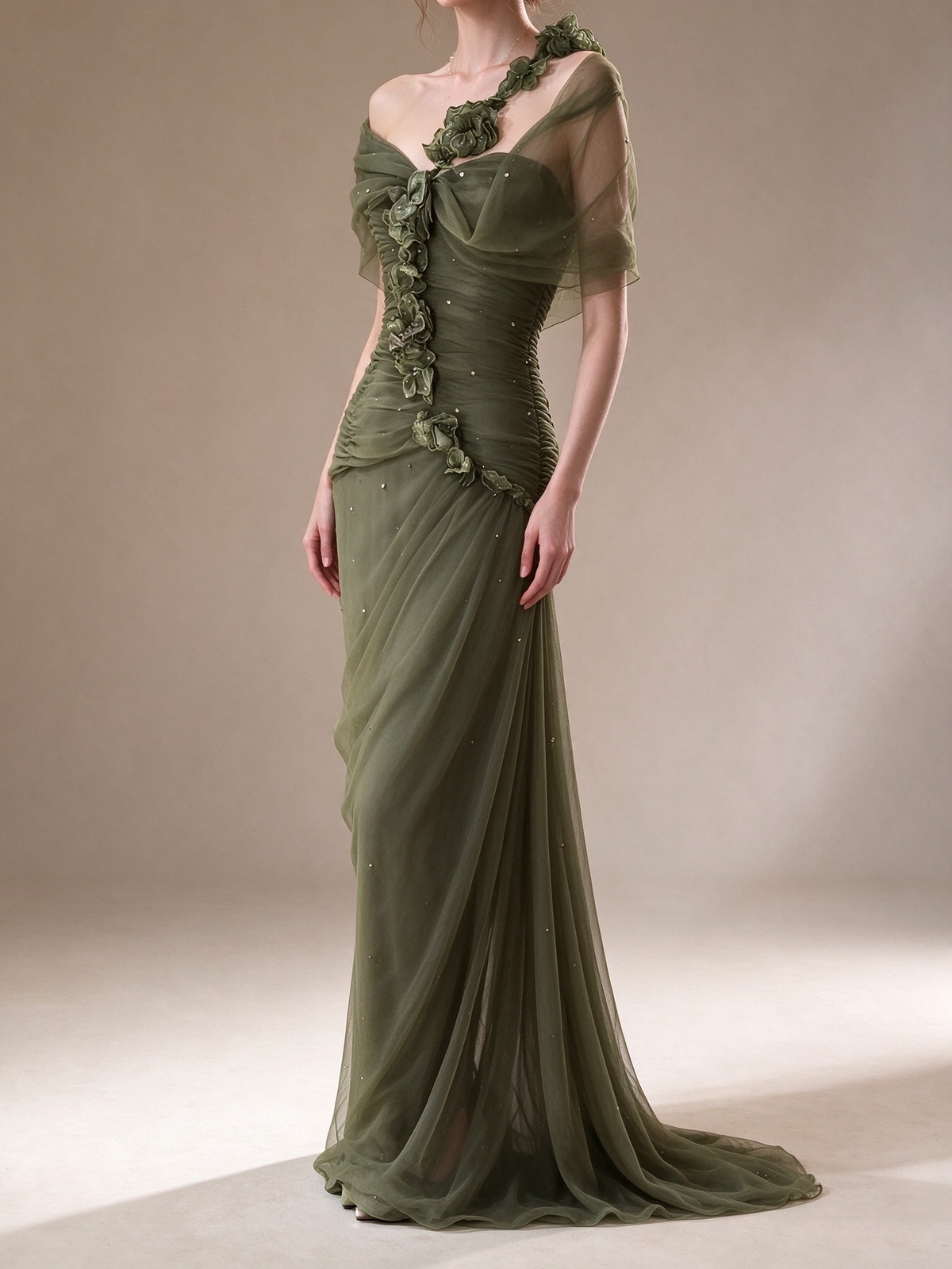 Sage Green Off-the-Shoulder 3D Floral Beaded Tulle Formal Evening Gown fg9052