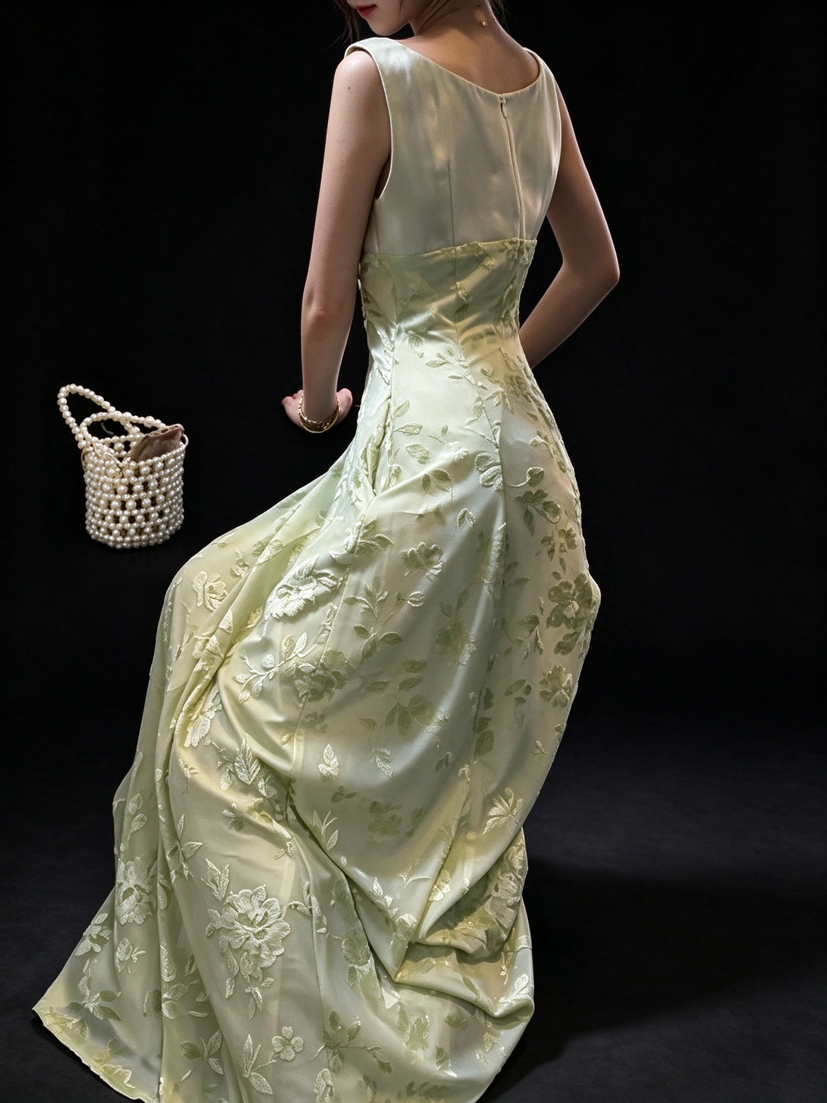 Square Neck Satin Burnout Long Dress fg9067
