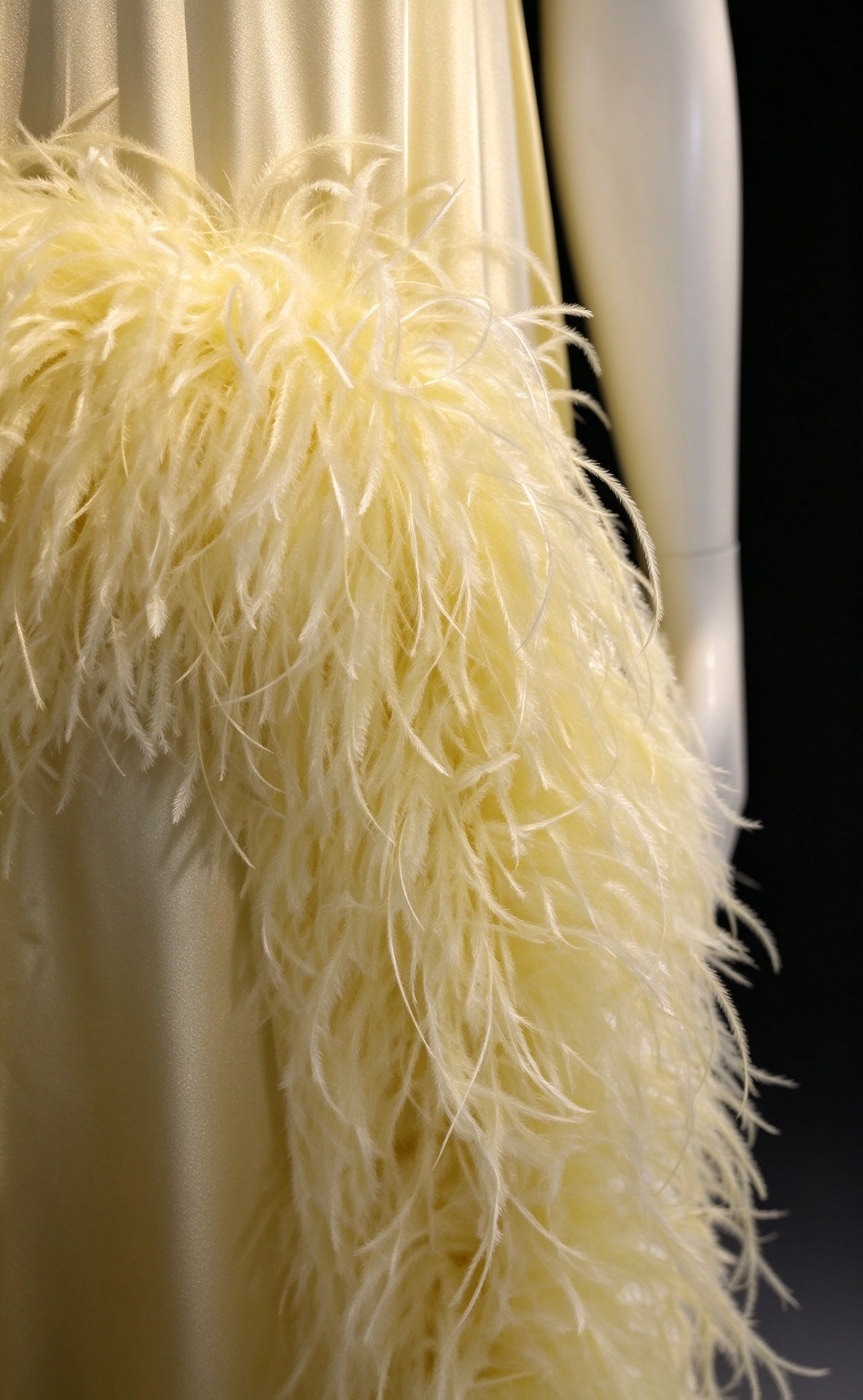 Pale Yellow High Neck Sleeveless Evening Gown with Hand-Beaded Floral Details & Ostrich Feather Trim fg9038