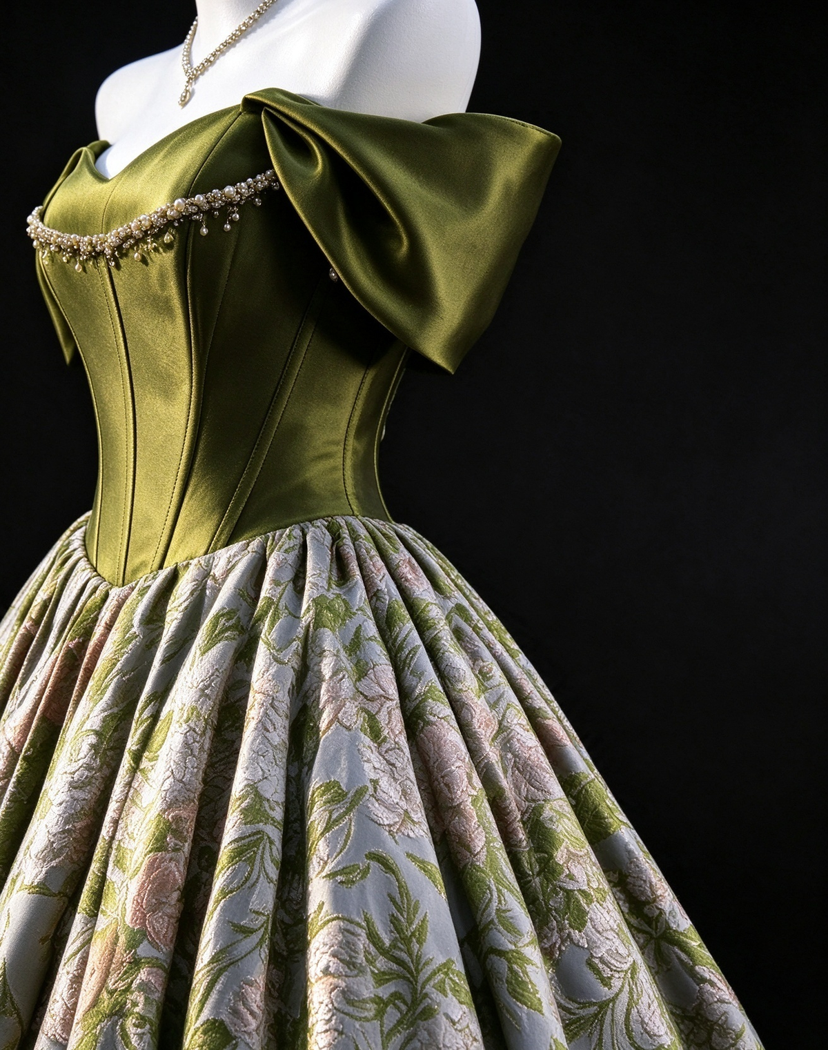Olive Green Satin Floral  Ball Gown fg9042