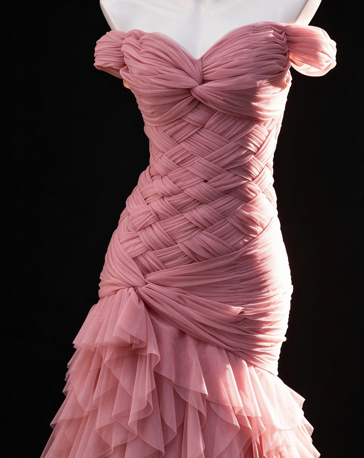 Pink Tulle Off-Shoulder Crisscross Mermaid Evening Gown fg9044