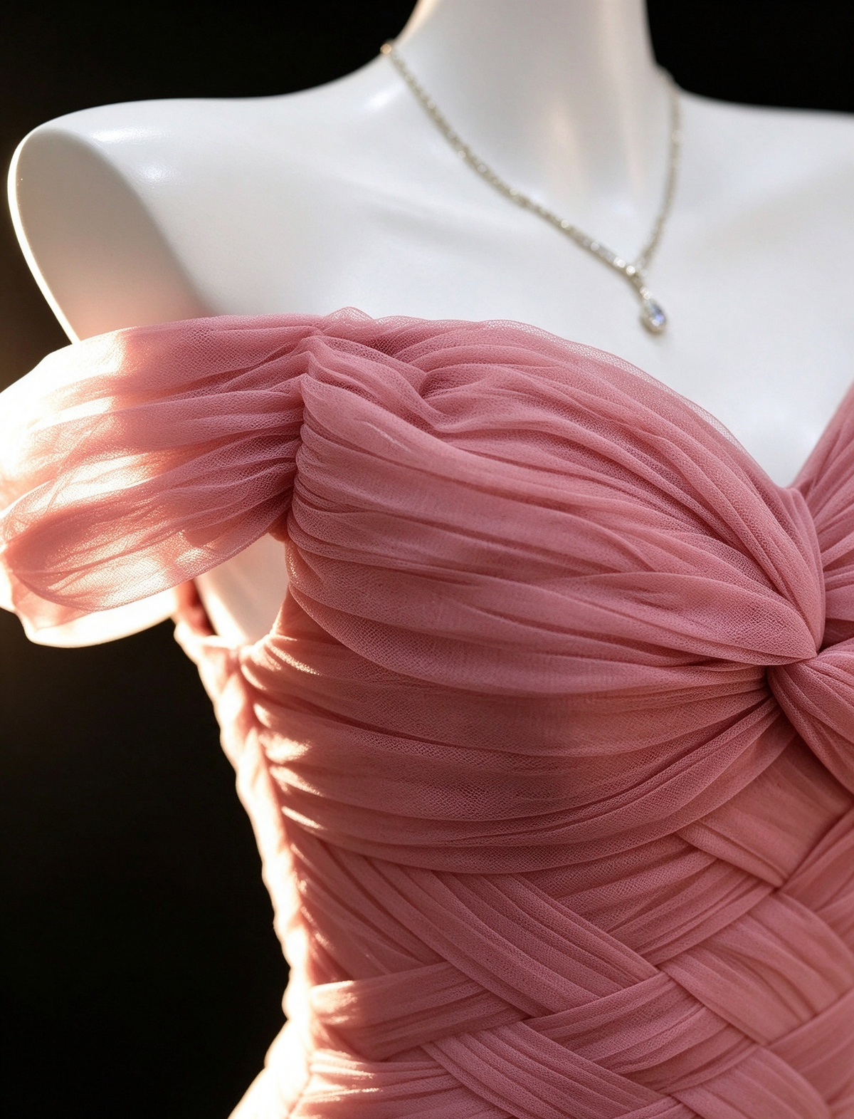 Pink Tulle Off-Shoulder Crisscross Mermaid Evening Gown fg9044