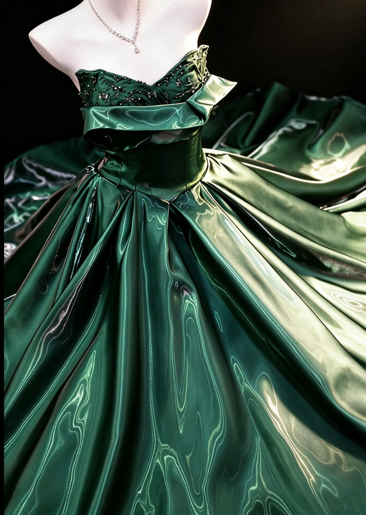 Emerald Green Metallic Satin Strapless Lace-Up Ball Gown fg9045