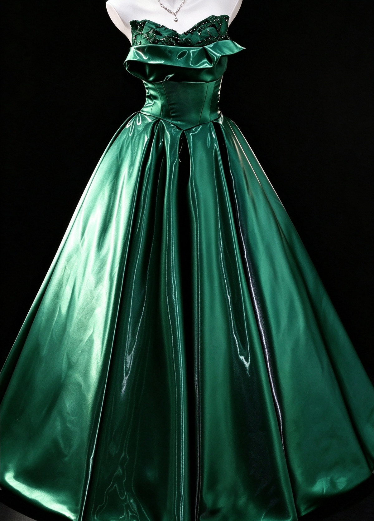 Emerald Green Metallic Satin Strapless Lace-Up Ball Gown fg9045