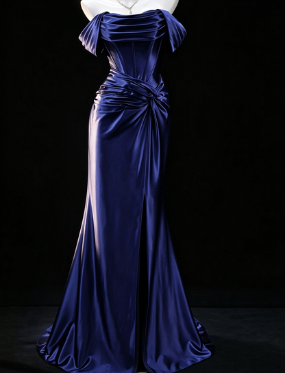 Royal Blue Satin Off-Shoulder Draped Mermaid Evening Gown fg9048