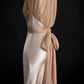 Champagne Halter Deep V Mermaid Evening Gown, Draped Tulle Wrap Waist With Back Bow fg9039