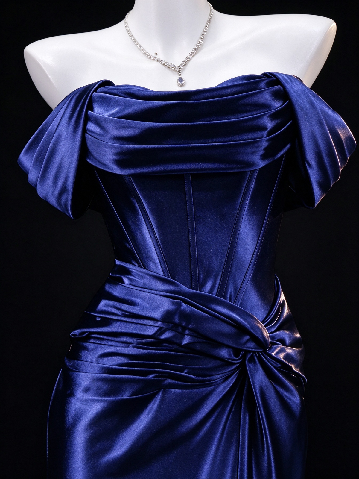 Royal Blue Satin Off-Shoulder Draped Mermaid Evening Gown fg9048