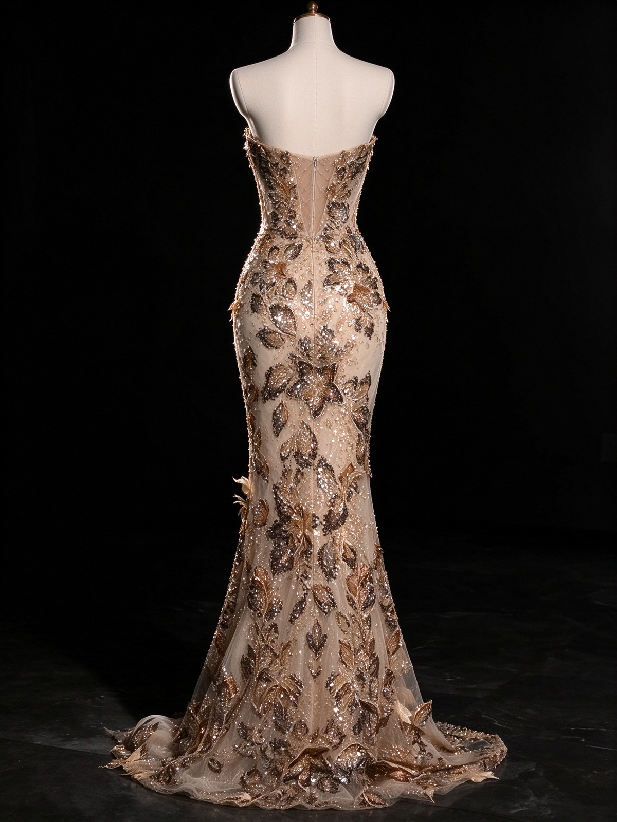 Champagne Strapless 3D Floral Sequin Mermaid Evening Gown fg9101