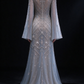 Pale Blue Sheer Tulle Mermaid Gown, Long Flare Sleeve, Full Hand-Beaded Rhinestone & Pearl Embroidery fg8996