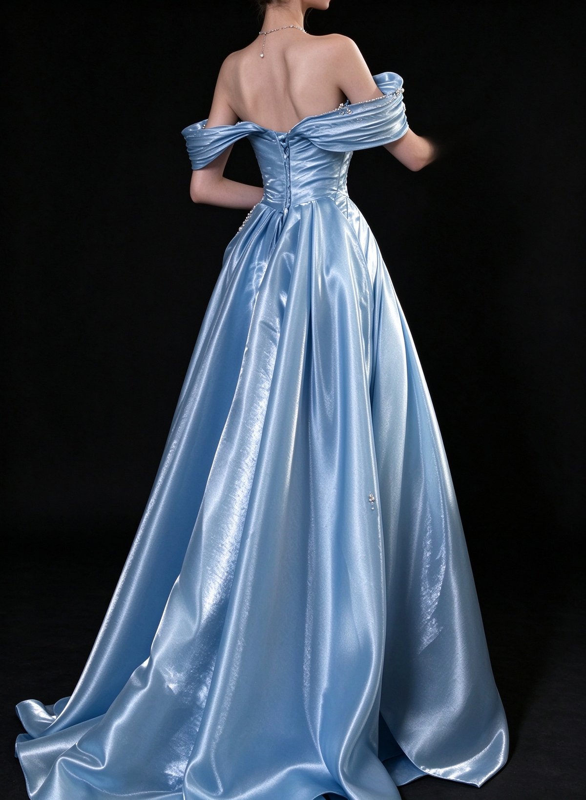 Light Blue Off Shoulder Satin A Line Evening Gown fg9172