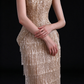 Champagne Strapless Beaded Fringe Mermaid Evening Gown fg9102