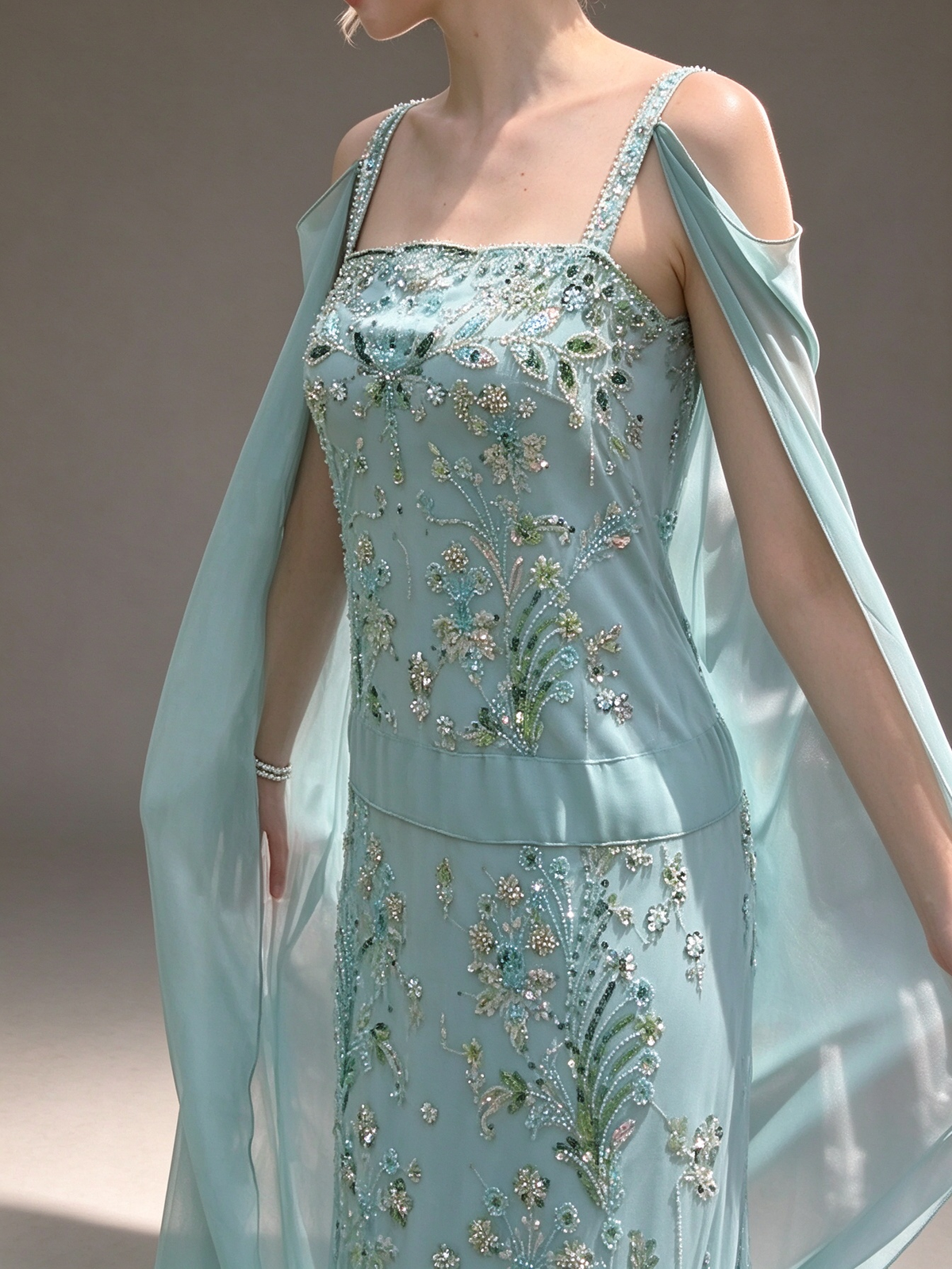 Mint Spaghetti Strap Beaded Cape Sleeve Mermaid Evening Gown fg9089