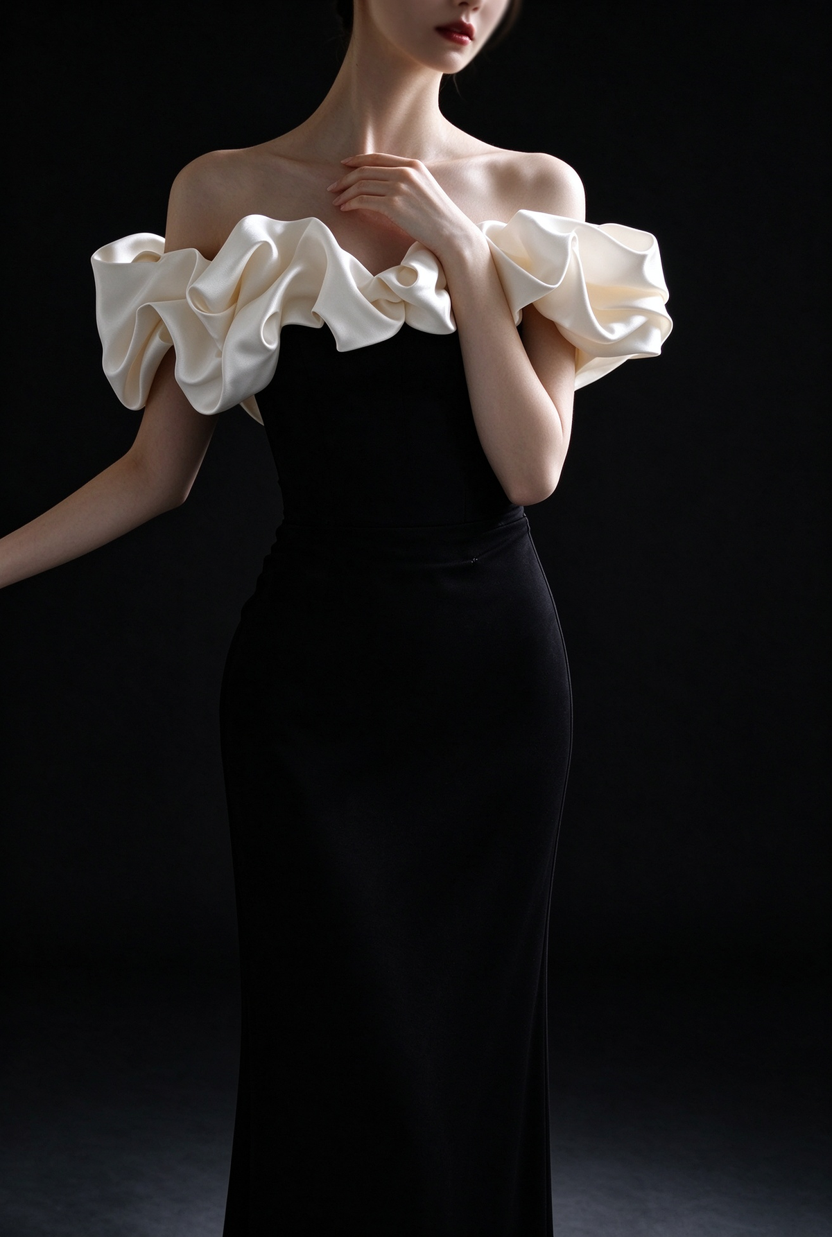 Black Off Shoulder Ruffle Mermaid Evening Gown fg9103