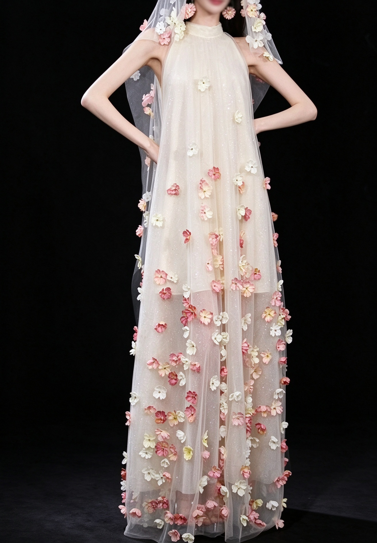 Champagne Halter 3D Floral Tulle Evening Gown fg9104