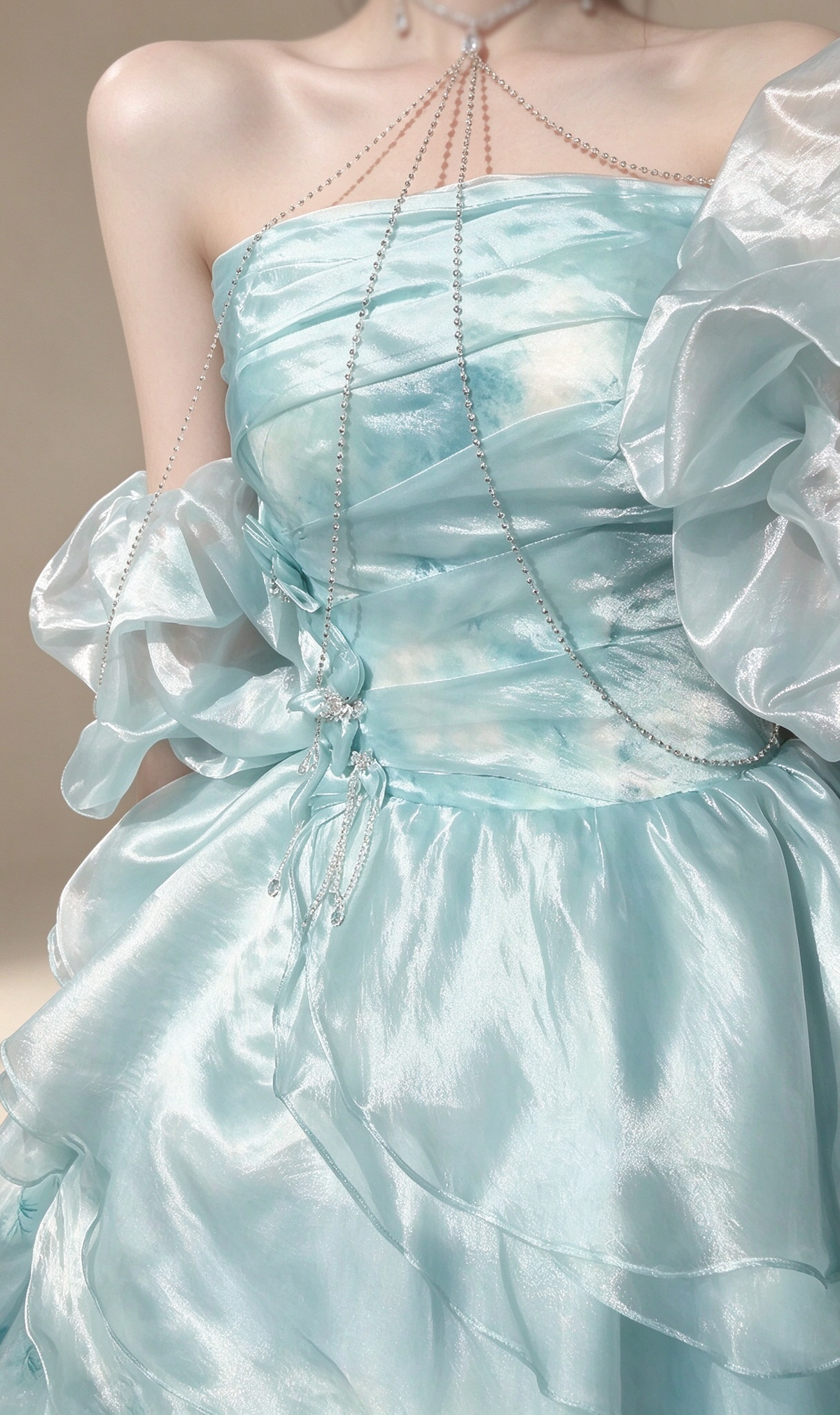 Aqua Strapless Detachable Puff Sleeve Printed Organza A Line Evening Gown fg9080