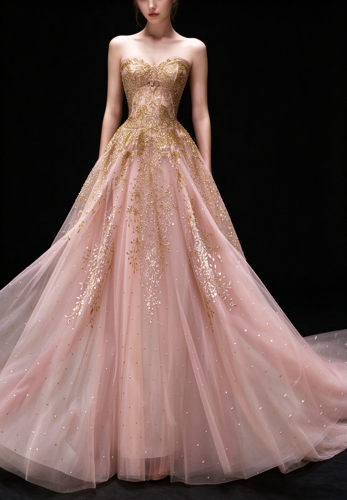 Blush Strapless Gold Glitter Tulle A Line Evening Gown fg9105