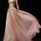 Blush Strapless Gold Glitter Tulle A Line Evening Gown fg9105