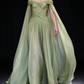 Green Off Shoulder Cape Sleeve Chiffon A Line Evening Gown fg9083