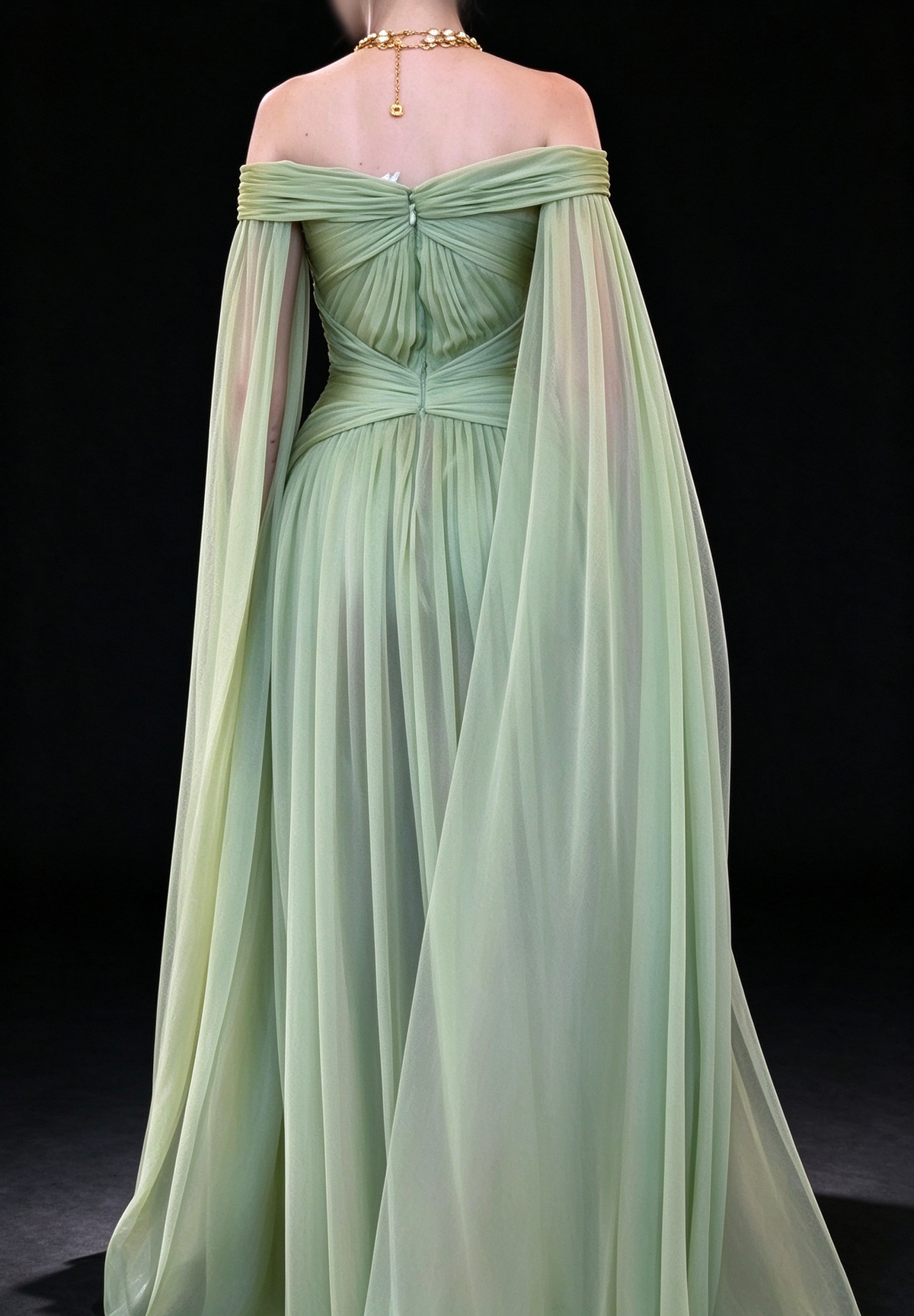 Green Off Shoulder Cape Sleeve Chiffon A Line Evening Gown fg9083