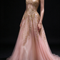 Blush Strapless Gold Glitter Tulle A Line Evening Gown fg9105