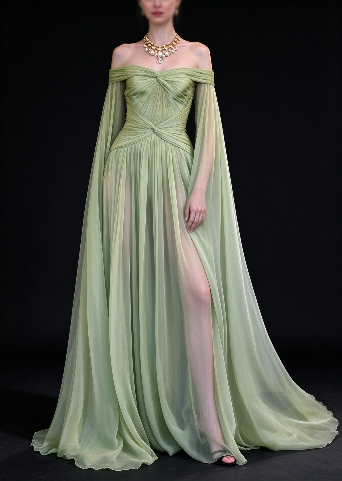 Green Off Shoulder Cape Sleeve Chiffon A Line Evening Gown fg9083