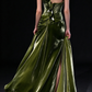 Green Strapless Ruched Satin Slit Evening Gown fg9084