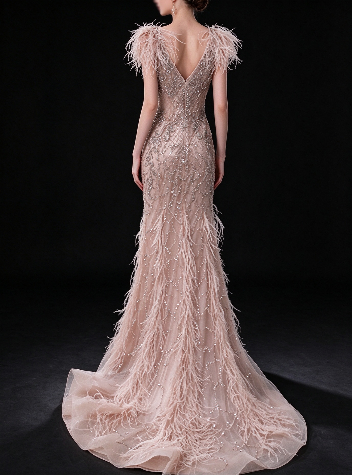 Blush V Neck Beaded Feather Mermaid Evening Dress fg9156