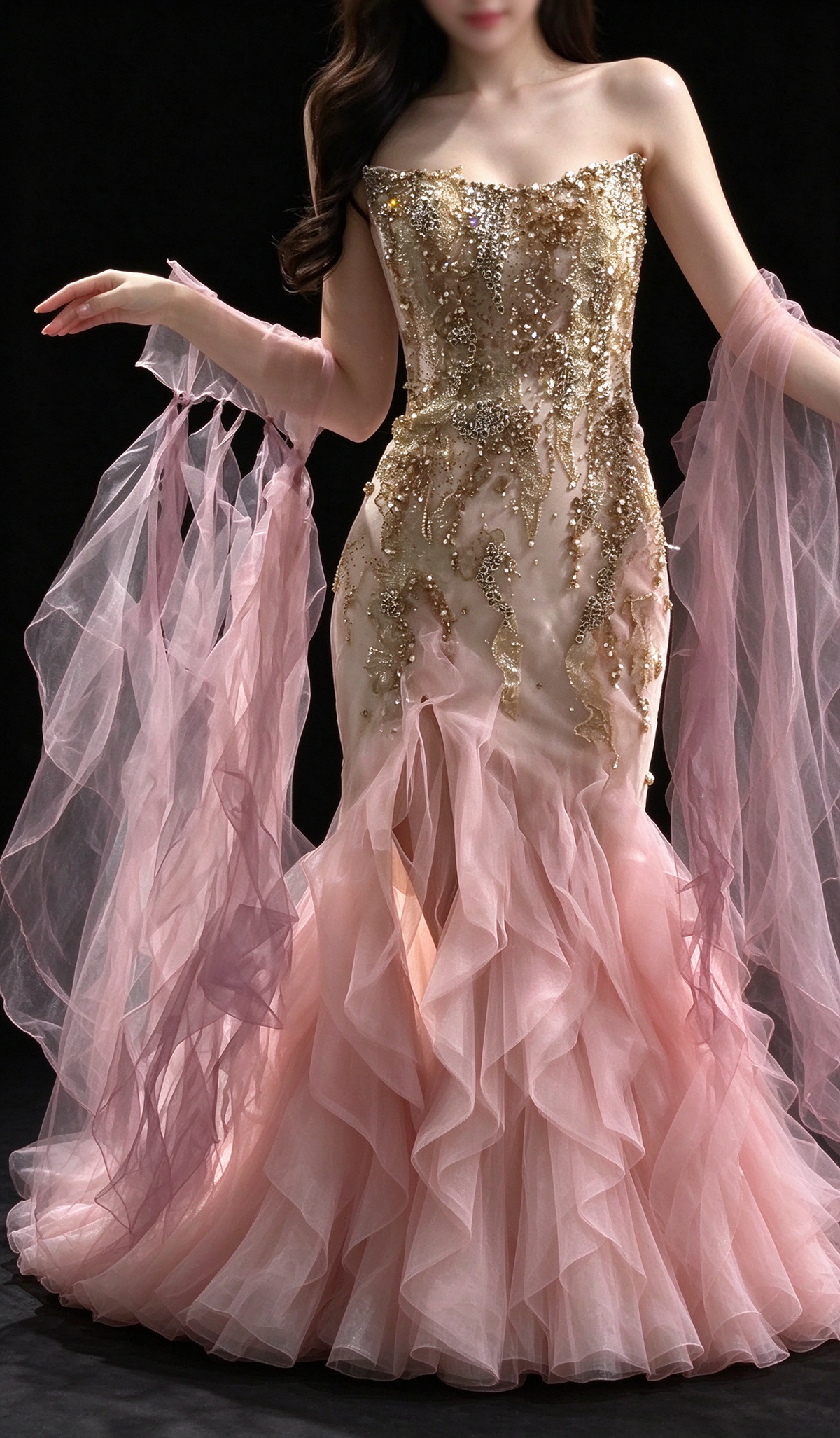 Pink Strapless Beaded Ruffled Tulle Mermaid Evening Dress fg9108