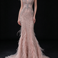 Blush V Neck Beaded Feather Mermaid Evening Dress fg9156