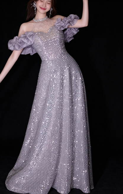Lavender Halter Off Shoulder Ruffle Sleeve A Line Evening Dress fg9157