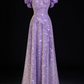 Lavender Halter Off Shoulder Ruffle Sleeve A Line Evening Dress fg9157