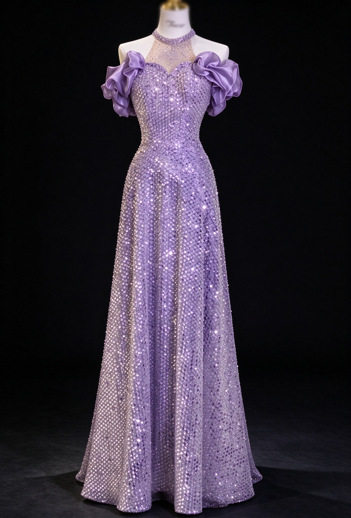 Lavender Halter Off Shoulder Ruffle Sleeve A Line Evening Dress fg9157