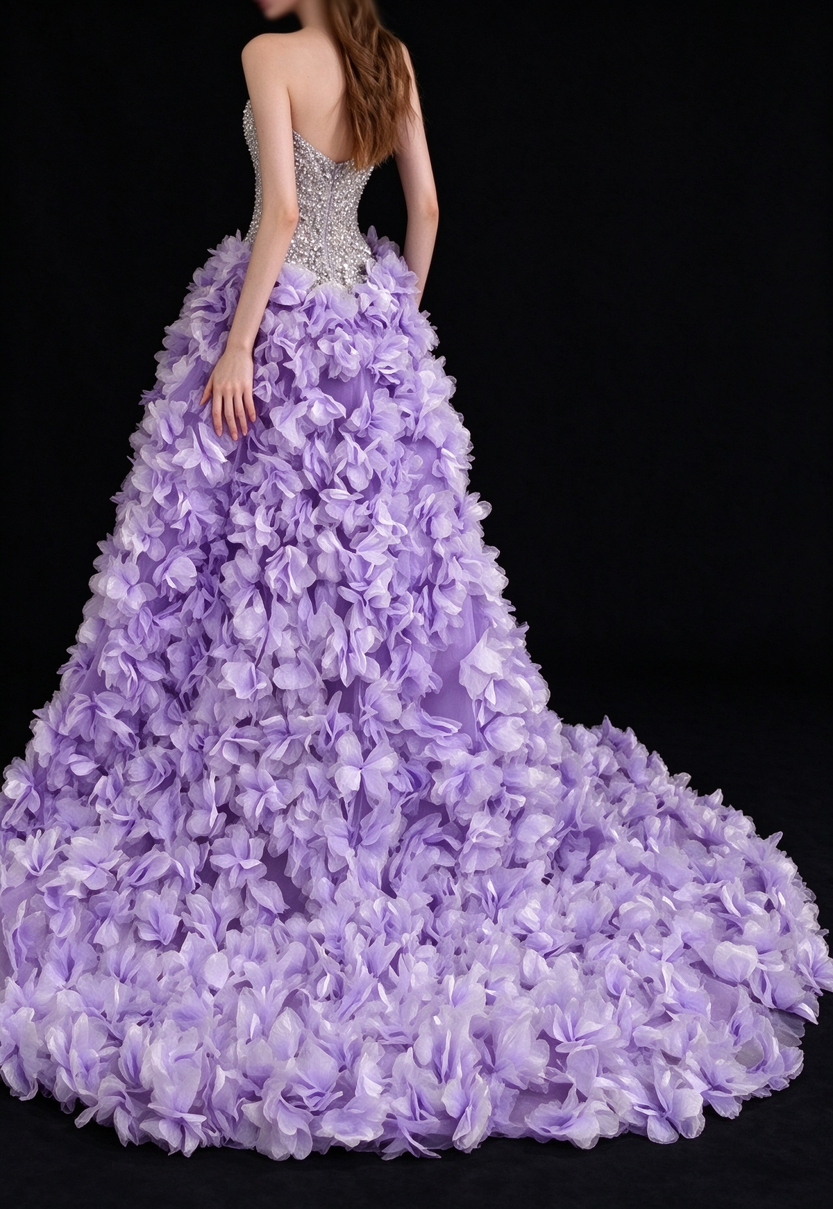Lavender Strapless Beaded 3D Floral Tulle A Line Evening Gown fg9106